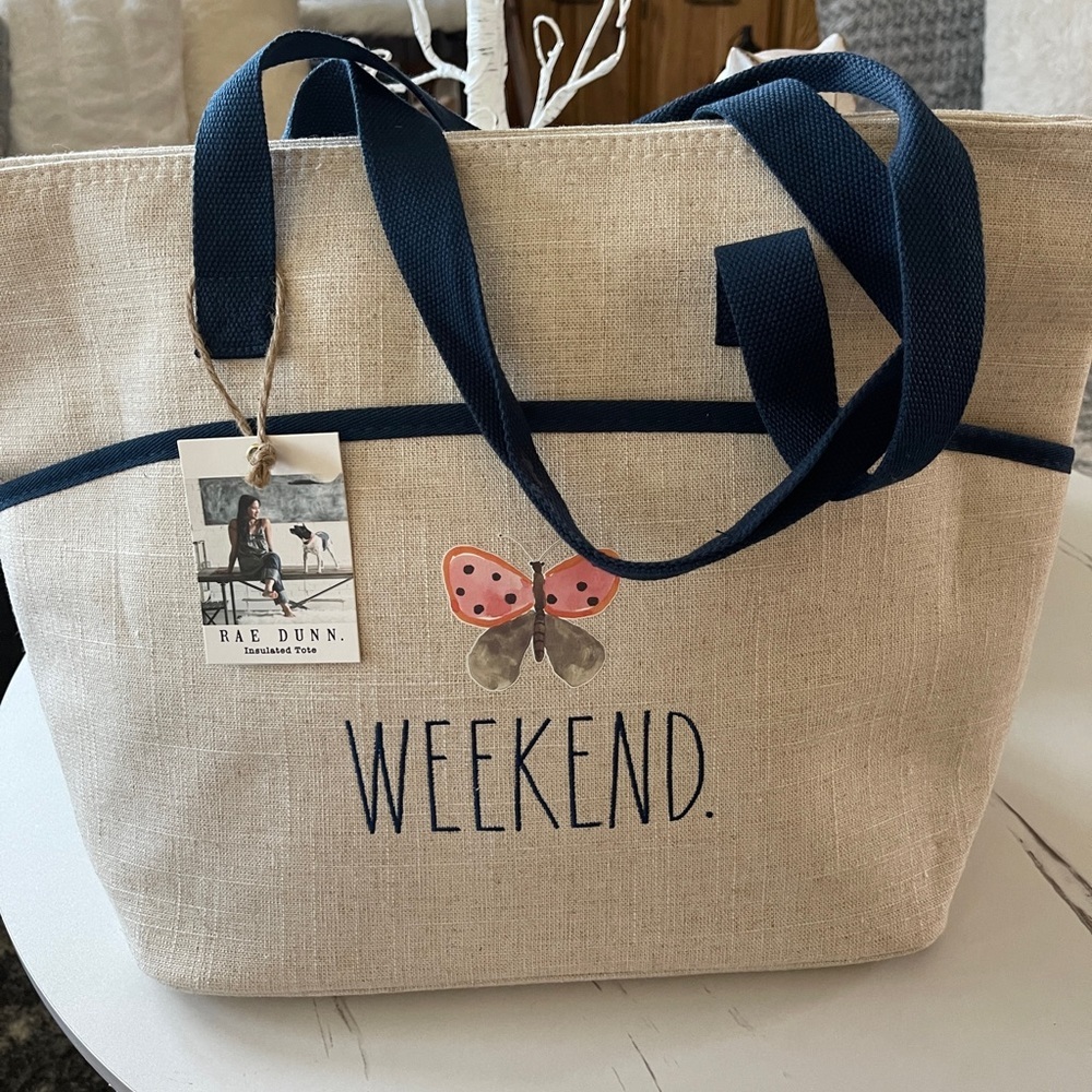 RAE DUNN Weekend Butterfly Tan/Blue Insulated Tote - Picture 4 of 12